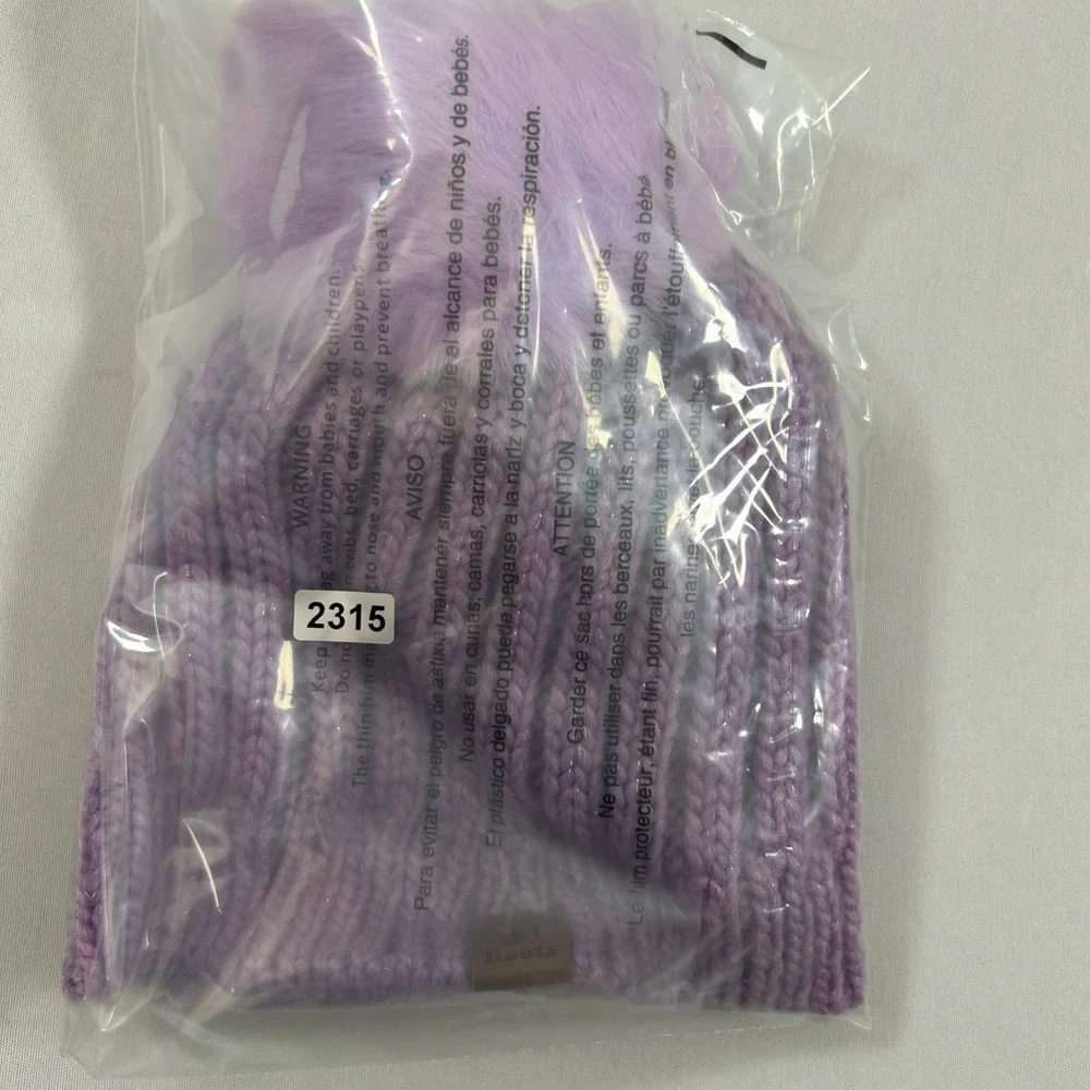 Roots Beanie Kids Girls One Size Purple Sparkle Ribbed Knit‎ Faux Fur Pom Toque